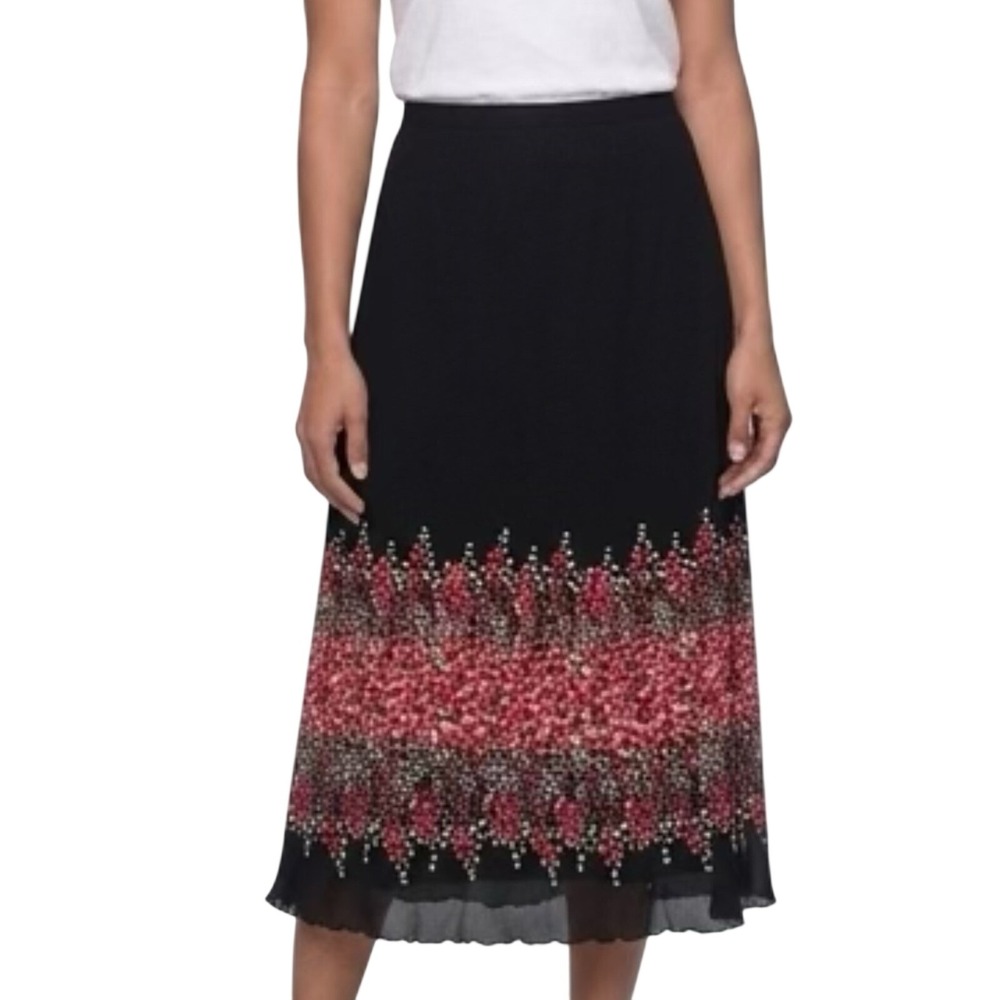 Kasper Womens Medium Black Pink Floral Mesh Midi‎ Skirt Lettuce Edge A-Line